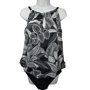 Maxine of Hollywood One Piece Blouson Swimsuit w/ Keyhole Black White Size 16